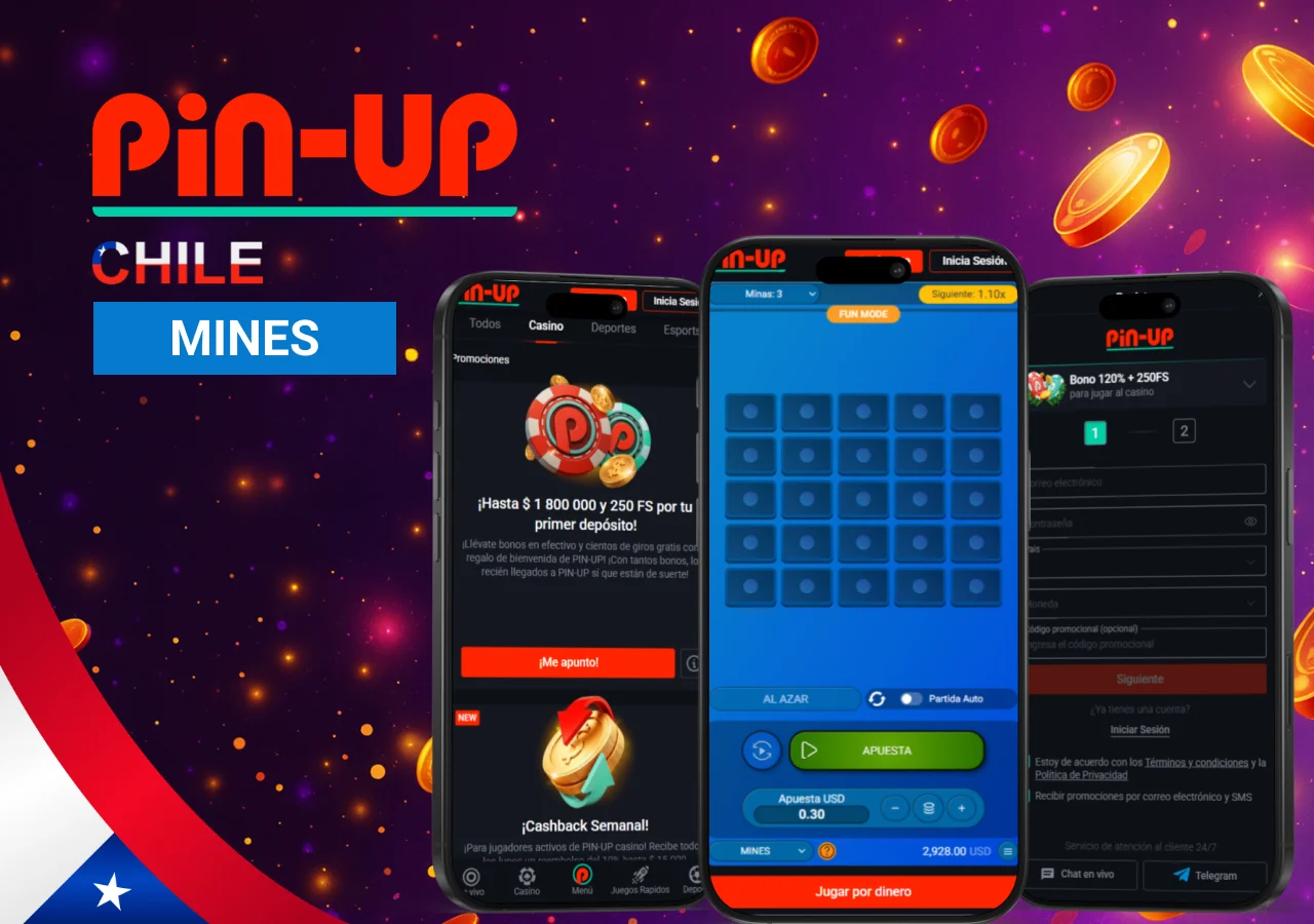Oferta de bono de bienvenida en Pin-Up Chile para el juego Mines con giros gratis