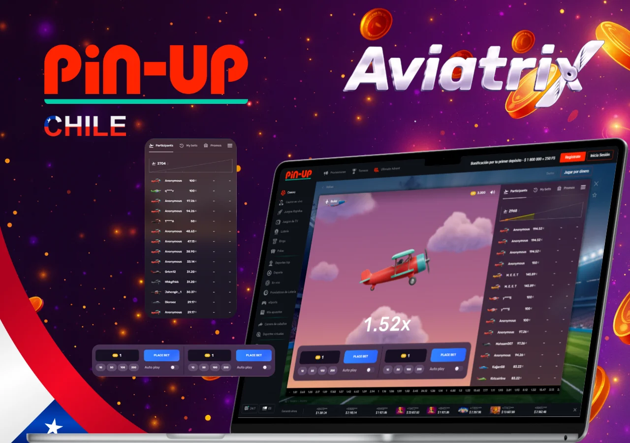 Pantalla de juego Aviatrix en Pin-Up Chile mostrando multiplicadores en tiempo real y apuestas activas